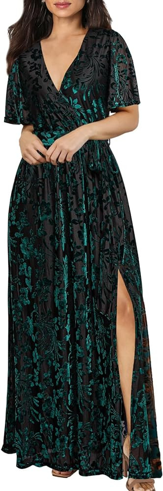 BerryGo Women's Velvet V Neck Wrap Semi Formal Dress Cocktail Party Maxi Dress for Wedding Guest | Amazon (US)