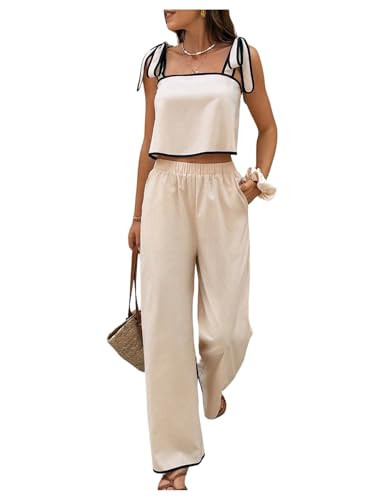 SOLY HUX Women's Summer Vacation 2 Piece Set Tie Shoulder Crop Top and Pants Travel Outfits Pure Beige Large | Amazon (US)