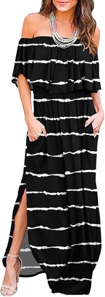 LILBETTER Womens Off The Shoulder Ruffle Party Dresses Side Split Beach Maxi Dress | Amazon (US)