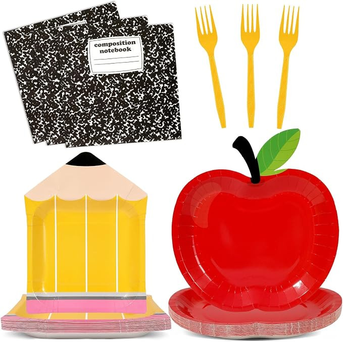 96 Pcs Back to School Tableware Set First Day of School Party Supplies Red Apple Pencil Paper Pla... | Amazon (US)