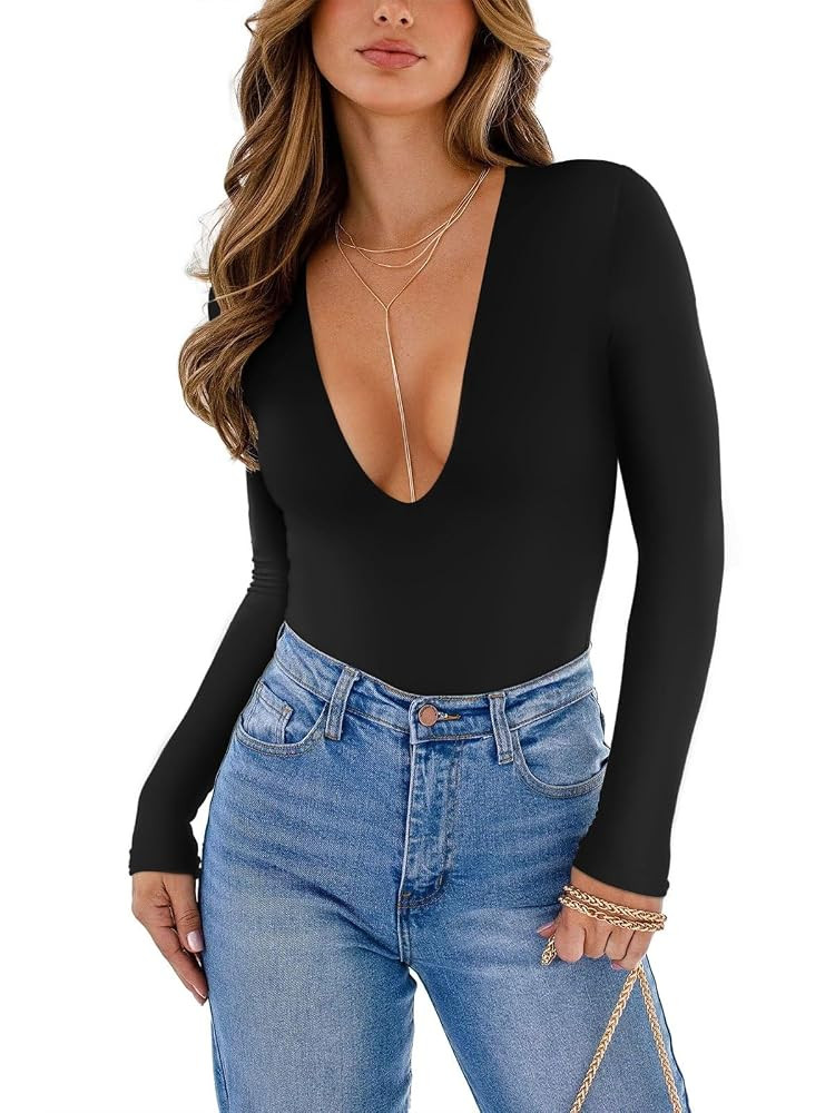 REORIA Women's Trendy Sexy Plunge Deep V Neck Long Sleeve Bodysuit Double Lined Going Out T Shirt... | Amazon (US)