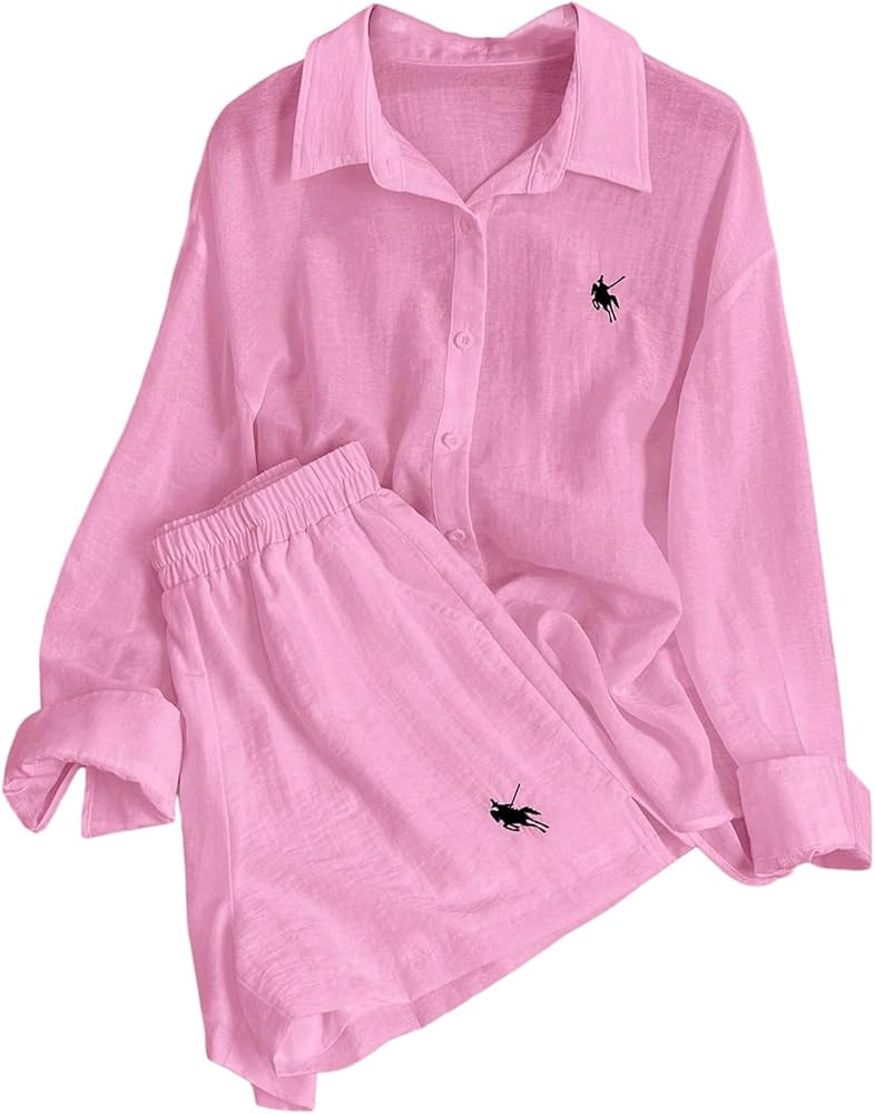 SweatyRocks Women's 2 Piece Outfits Button Down Shirts Lounge Linen Sets and Mini Shorts Pajama G... | Amazon (US)