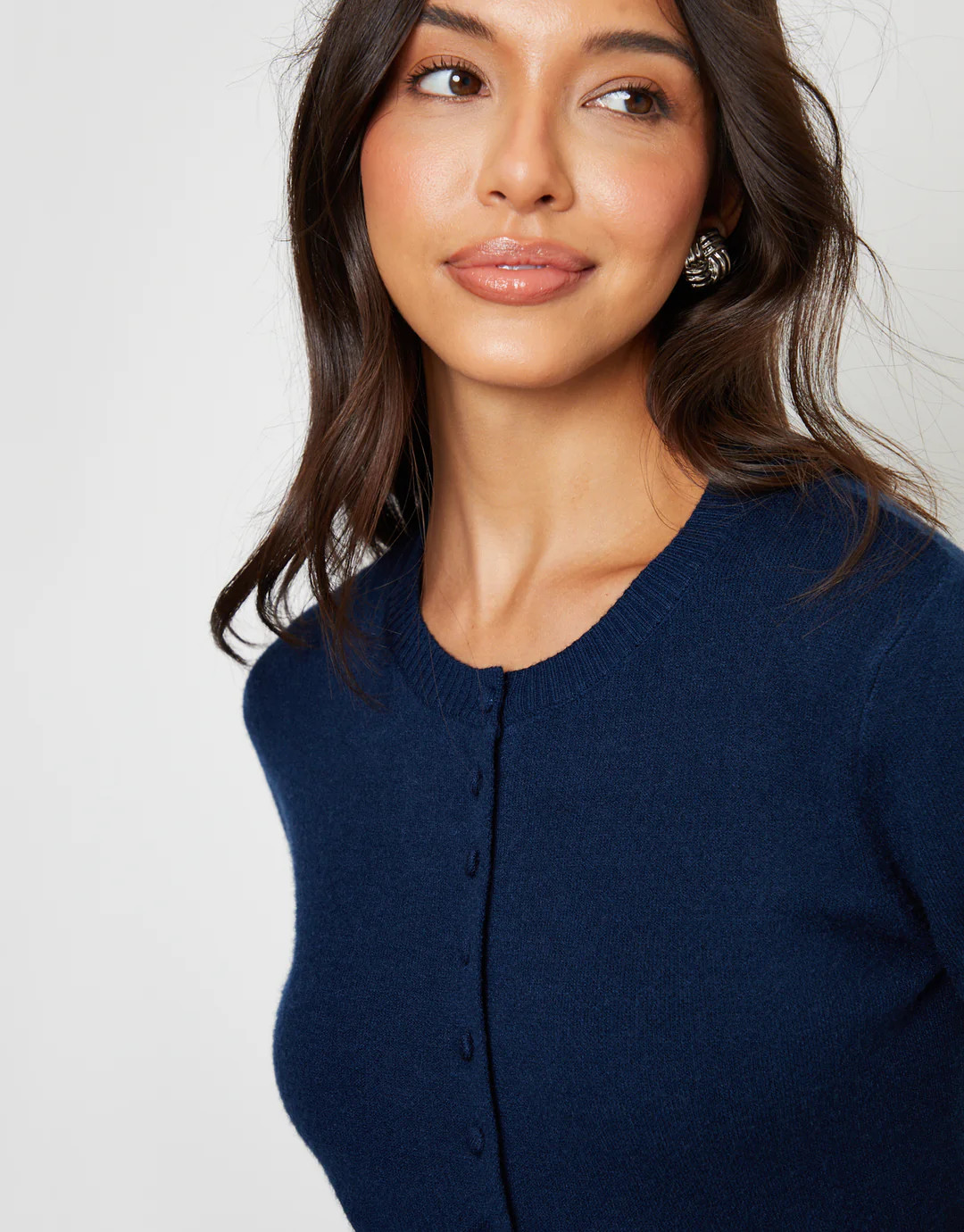 Navy Crew Neck Compact Knitted Cardigan | Threadbare