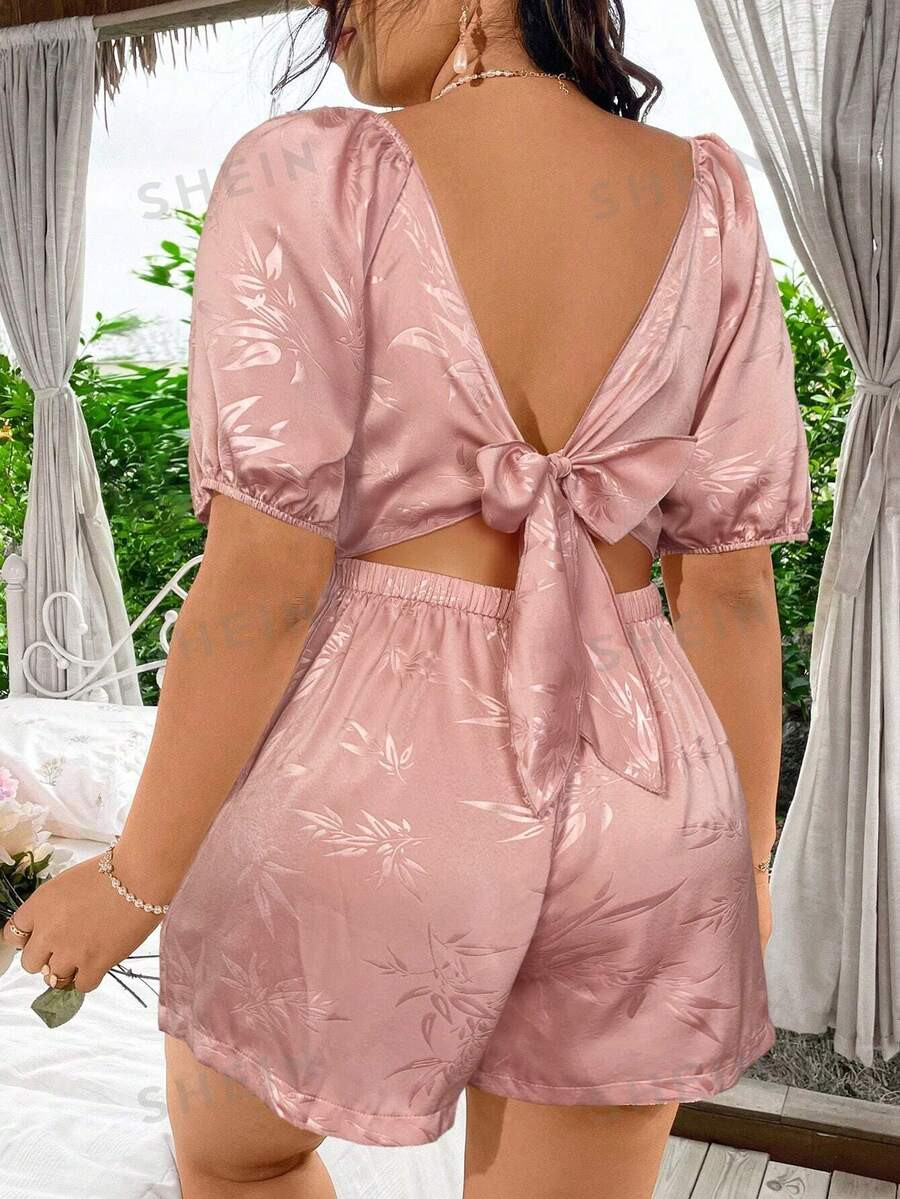 SHEIN WYWH Plus Size Square Neck Backless Short Sleeve Jumpsuit With Embroidery, Summer | SHEIN