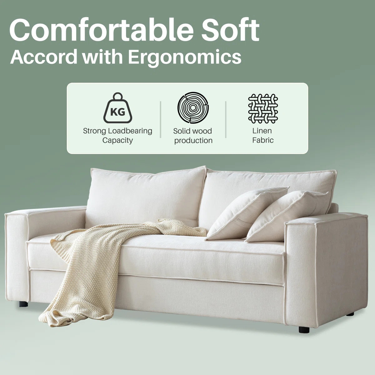 Alcantara 3-Seater 79.5'' Modern Upholstered Sofa with Square Armrests and 2 Throw Pillows | Wayfair North America