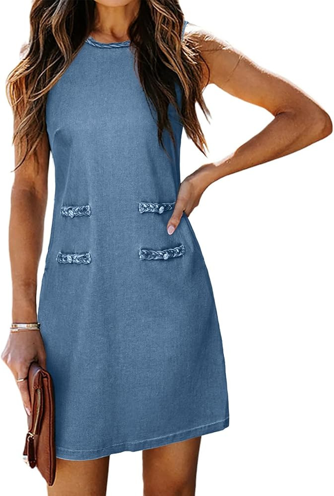 Simplee Womens Denim Dress Summer Sleeveless Casual Mini Dresses Crewneck Western Jean Dress with... | Amazon (US)