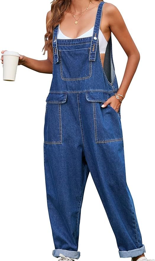 Amazon.com: Women Long Casual Loose Denim Bib Overalls Jeans Pants Baggy Rompers Jumpsuits with P... | Amazon (US)