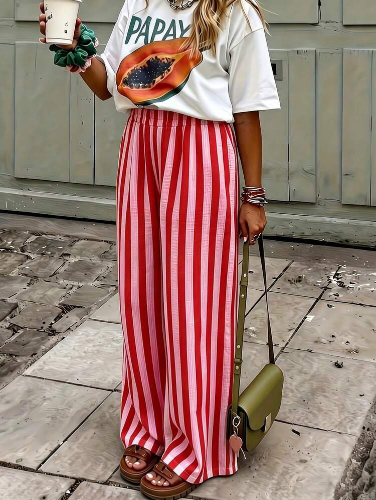 Women's Blue & White Striped Woven Wide Leg Casual Beach Pants, Spring/Summer Striped Pants With ... | SHEIN