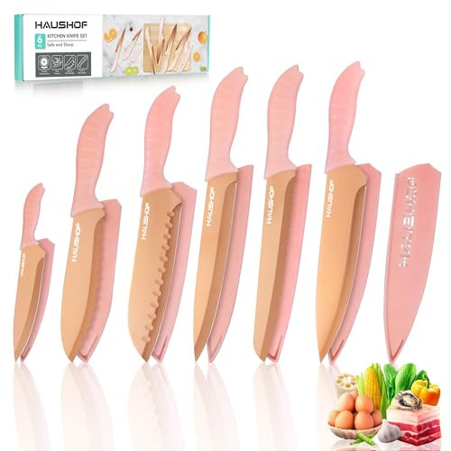 HAUSHOF Kitchen Knife Set, 12-Piece Pink Knife Set with 6 Blade Guards, Non-Stick Coated Stainless Steel Blades for Slicing, Dicing&Cutting, Gifts Knife Set for Dad, Mom, Husband and Wife | Amazon (US)