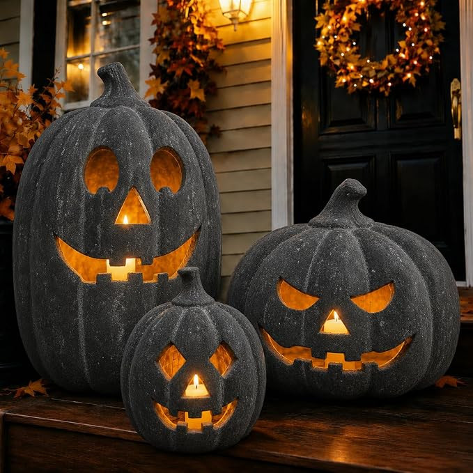 Halloween Decorations - Fall Decor - Black Handmade Terracotta Pumpkin Jack O' Lantern with Flame... | Amazon (US)
