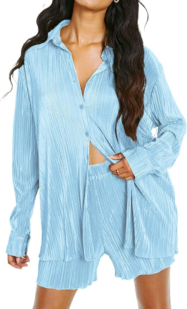 Ekouaer Pleated Sets for Women 2 Piece Lounge Shorts Set Long Sleeve Button Down Shirts Outfits | Amazon (US)