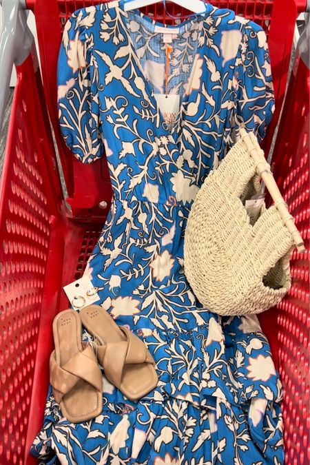 Target outfit idea, and it’s all 20% off! Love this true-wrap dress, great spring dress Easter dress summer vacation pick. Fits tts, mine is a small. Sandals fit tts. Bag and earrings will go with everything all season long. #targetstyle 

#LTKsalealert #LTKunder50 #LTKstyletip