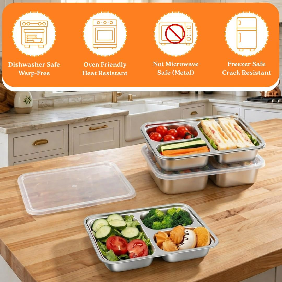 4 Pack Snack Containers for Kids, Stainless Steel Toddler Plates with Lids, 3 Compartment Food Co... | Amazon (US)