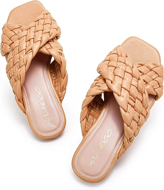 Women’s Square Open Toe Flat Sandals Braided Backless Slip On Slides Cross Band Summer Slippers | Amazon (US)
