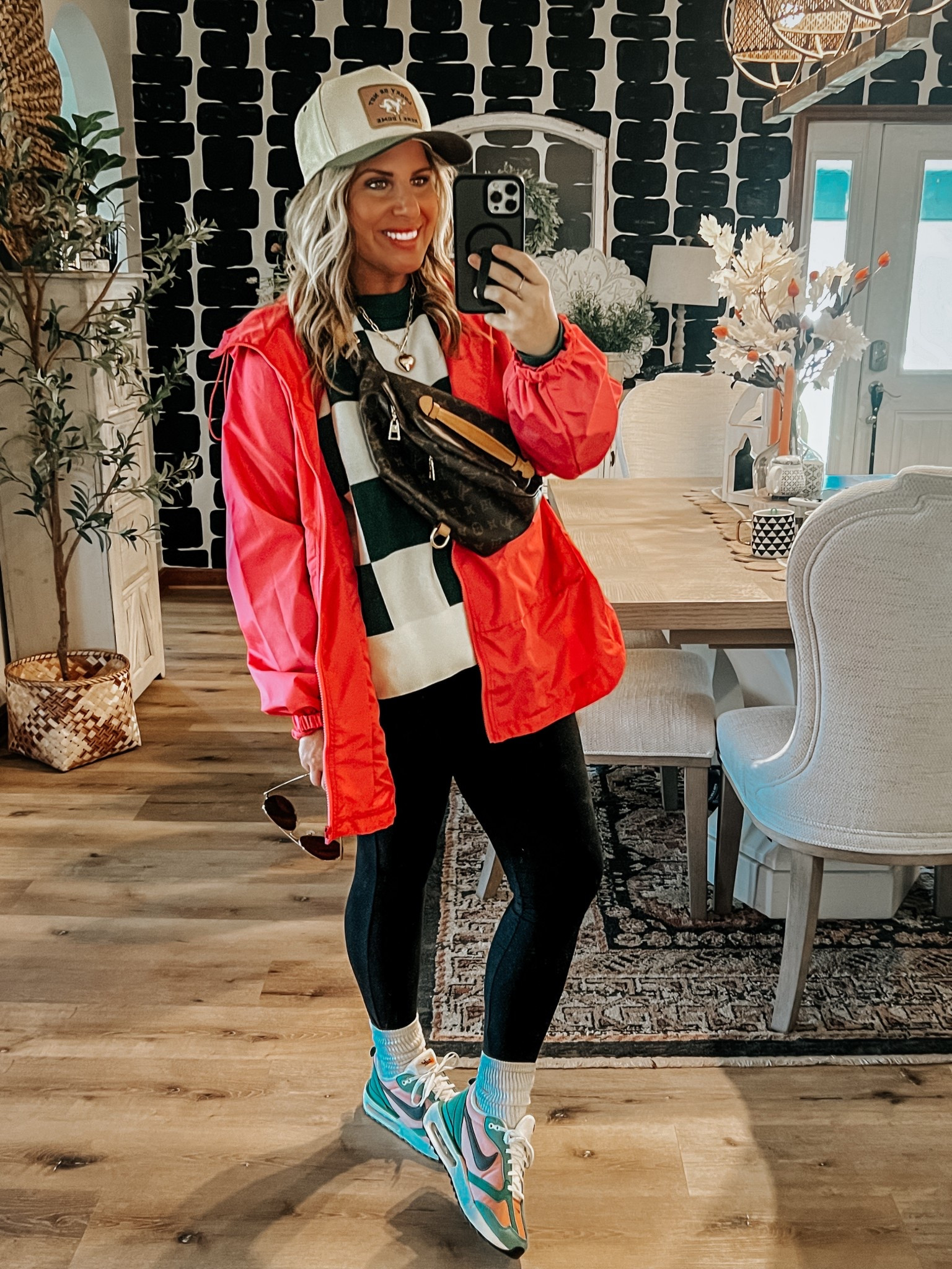 Rain coat + checked sweater 