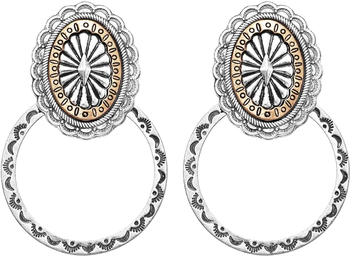 Rosemarie & Jubalee Women's Unique Two Tone Western Style Concho Statement Textured Metal Hoop Earri | Amazon (US)