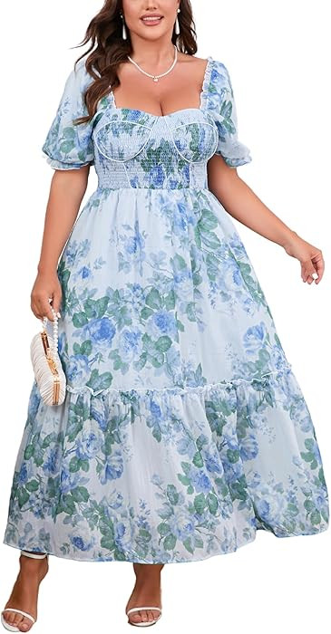 EYWOL Women's Plus Size Floral Maxi Dress Puff Sleeves Cottagecore Corset Dresses Flowy Smocked F... | Amazon (US)