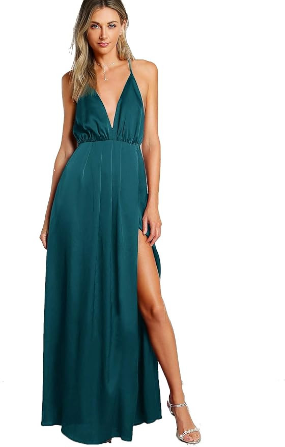 SheIn Women's Sexy Satin Deep V Neck Backless Maxi Club Party Evening Dress | Amazon (US)