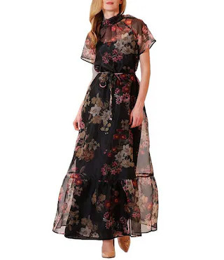 Julia Jordan Tie Neck Short Sleeve Flounce Hem Printed Organza Gown -  6 | Dillard's