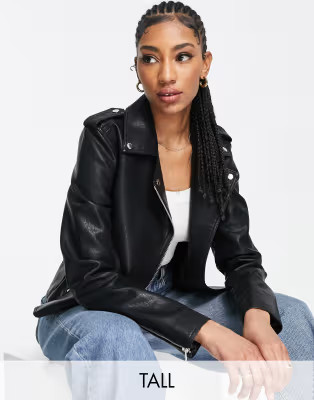 Topshop Tall faux leather biker jacket in black | ASOS (Global)
