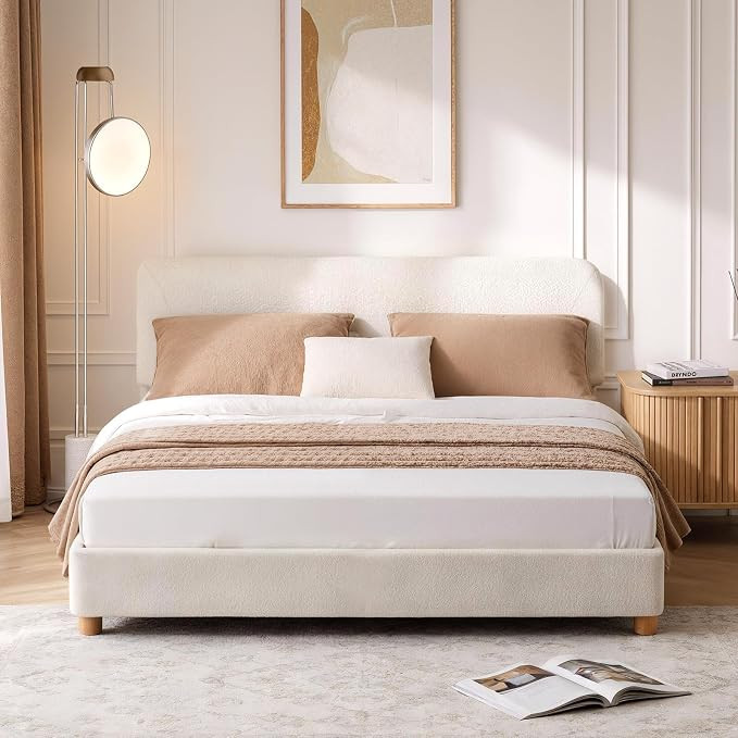 Full Size Cloud Bed Frame, Upholstered Boucle Bed Frame with Adjustable Headboard, Solid Wood Leg... | Amazon (US)