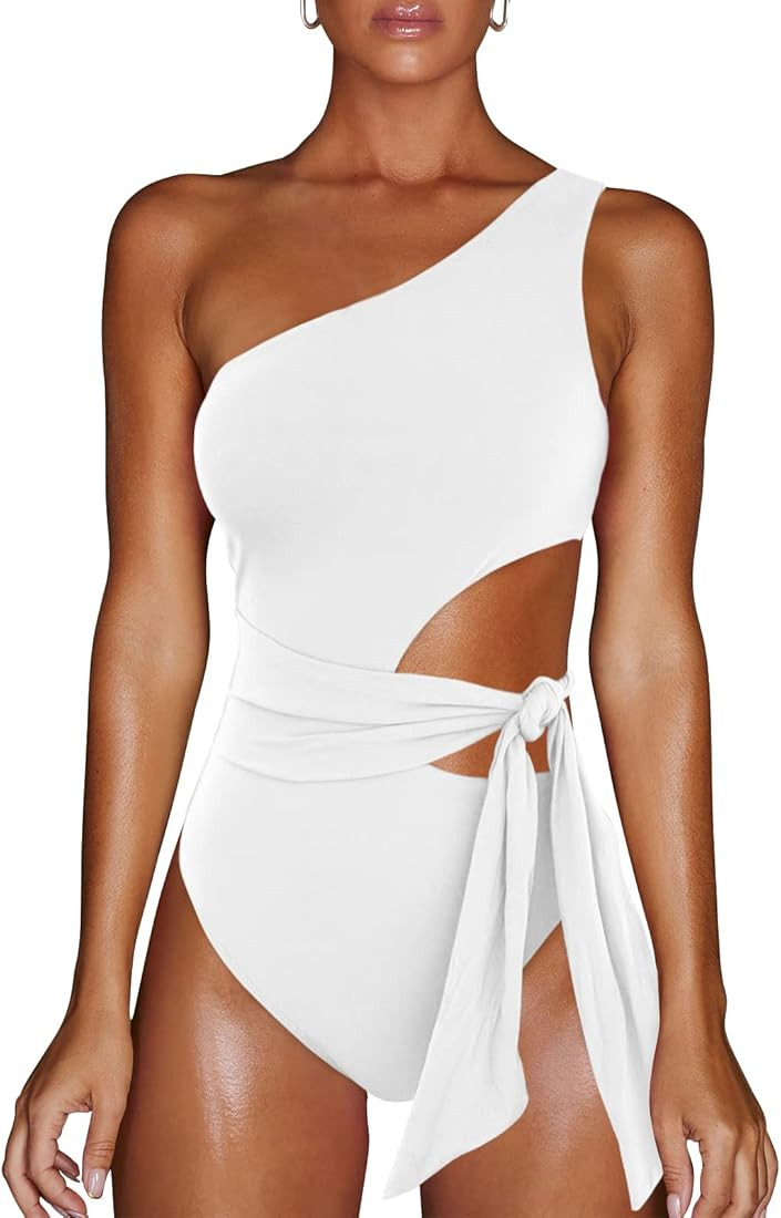 LILLUSORY Women One Piece Swimsuits Sexy One Shoulder Monokinis Tummy Control Tie Side Cut Out Bathi | Amazon (US)
