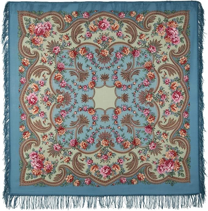 Pavlovo Posad Russian Shawl Scarf Wrap Revelation Blue & Green 100% Wool 49x49'' | Amazon (US)