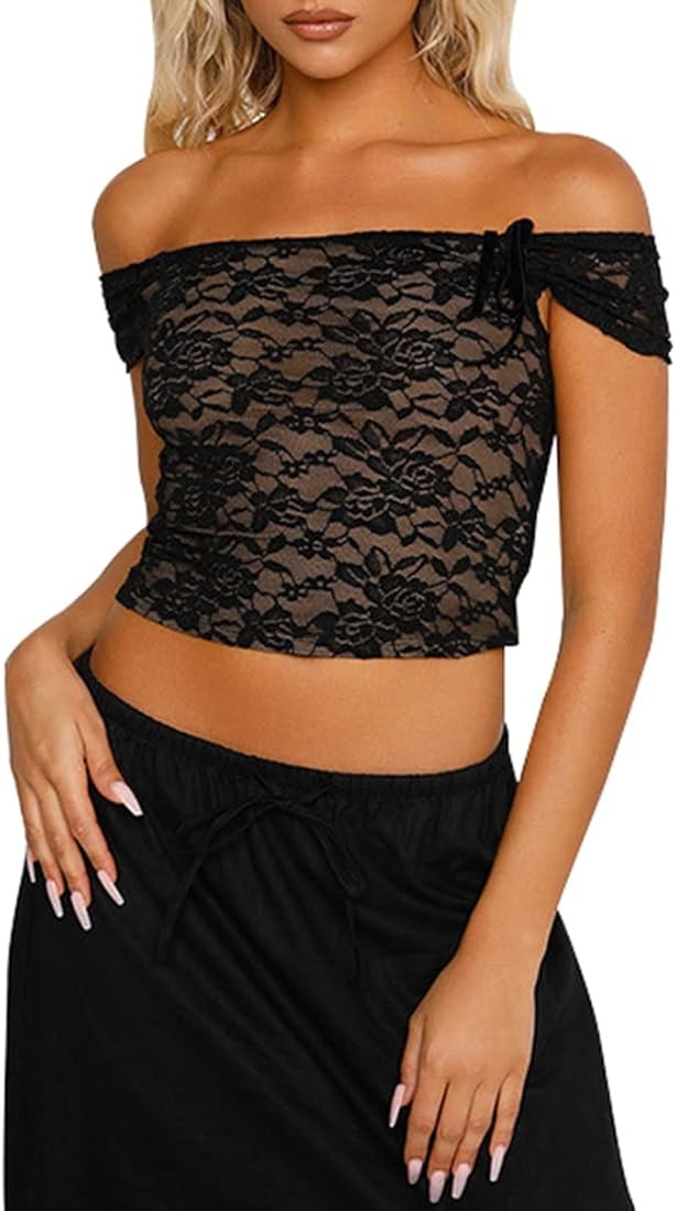 Women's Black Off Shoulder Crop Top See Through Lace Tee Shirt Blouse Backless Bodycon Corset T-S... | Amazon (US)