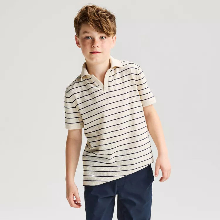 Boys' Short Sleeve Johnny Collar Striped Textured Polo Shirt - Cat & Jack™ Cream XS | Target