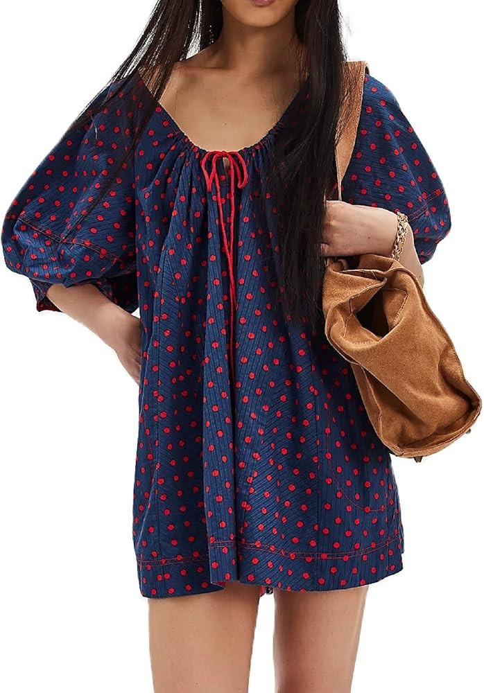 Women Puff Sleeve Short Babydoll Dress Square Neck Flowy Mini Dress Floral Ruffle A Line Summer S... | Amazon (US)