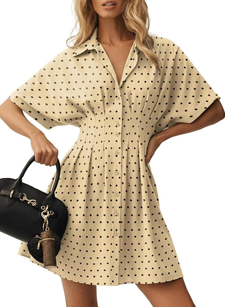 Dokotoo Women's Shirt Dress Casual Button Down Short Sleeve Collared Dresses Summer Shirred High ... | Amazon (US)