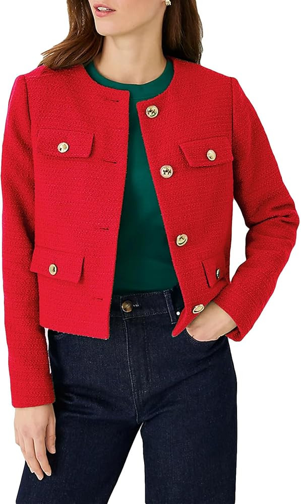 YEXPINE Cropped Tweed Blazer Jackets for Women Elegant Slim Collarless Business Casual Outfits | Amazon (US)