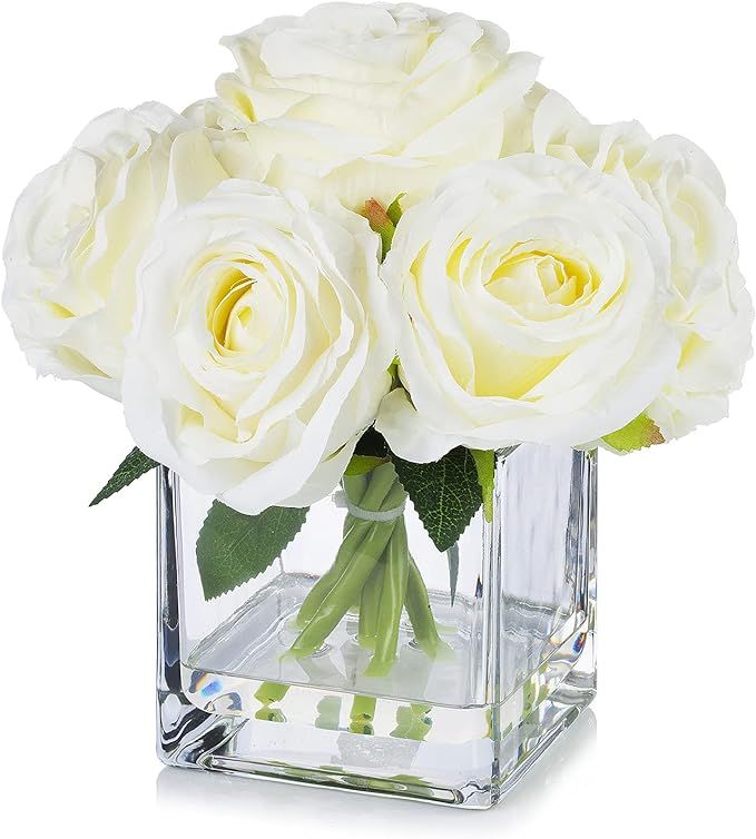 Amazon.com: Enova Floral 7 Large Stems Artificial Silk Roses Fake Flowers Arrangement in Cube Gla... | Amazon (US)