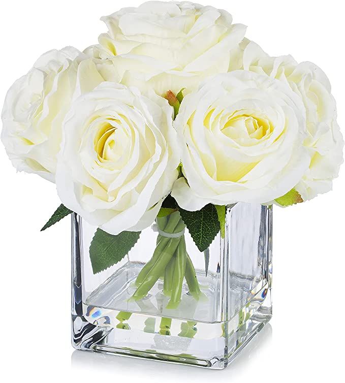 Amazon.com: Enova Floral 7 Large Stems Artificial Silk Roses Fake Flowers Arrangement in Cube Gla... | Amazon (US)