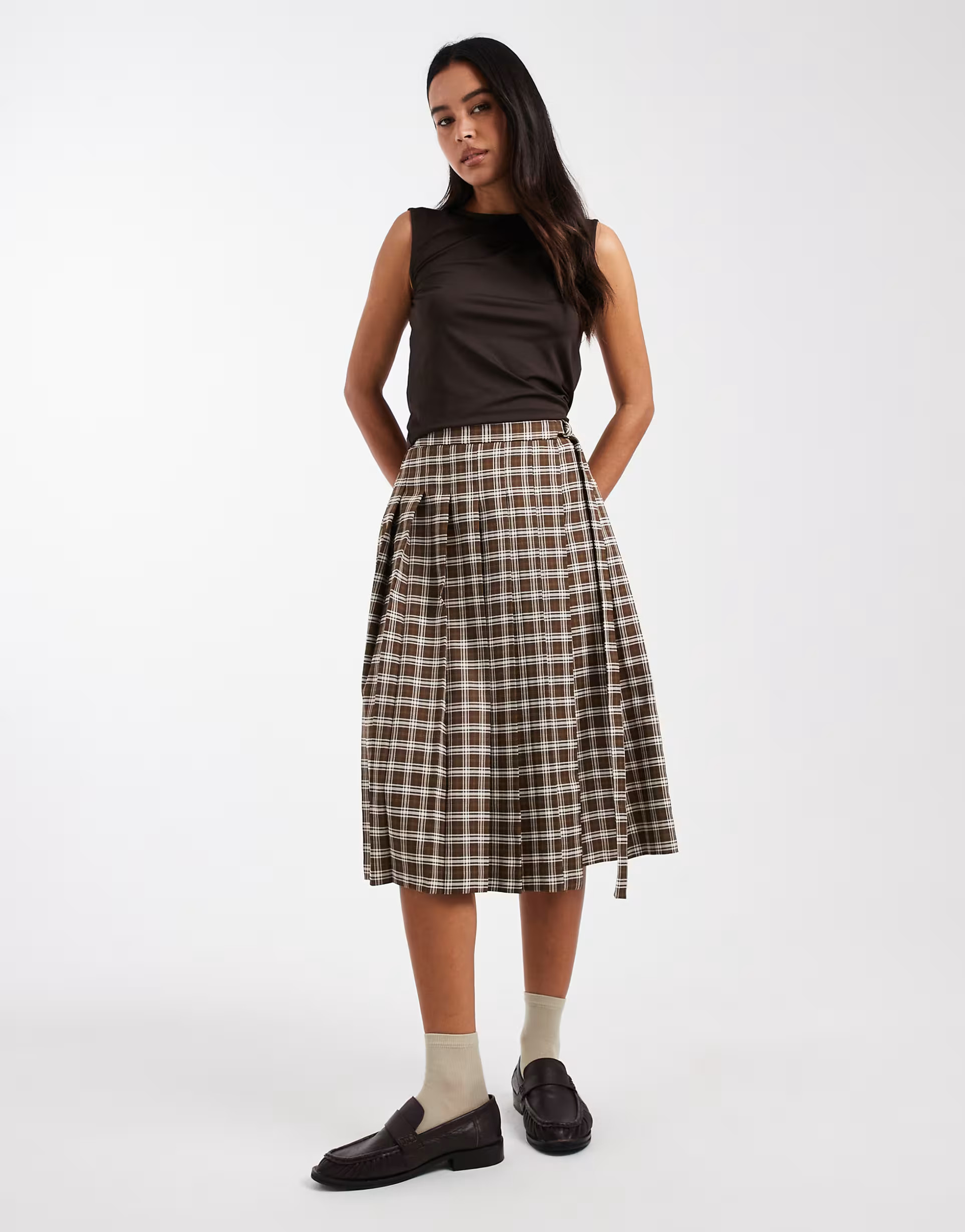 Miss Selfridge tailored pleated midi skirt in check | ASOS (Global)