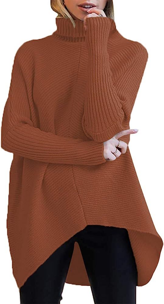 Womens Turtleneck Long Batwing Sleeve Asymmetric Hem Casual Pullover Sweater Knit Tops | Amazon (US)