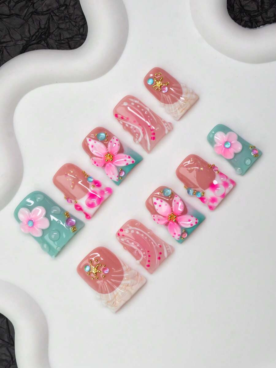 10pcs/Set Handmade Ocean Theme Duck Mouth Nail Tips, Y2K Baddie Style, Nude, Green, Pink, Beige N... | SHEIN