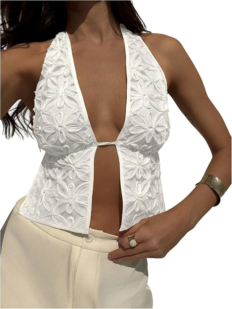 Women's Floral Textured Halter Top Sleeveless Tie Back Elegant Cami Crop Tops | Amazon (US)