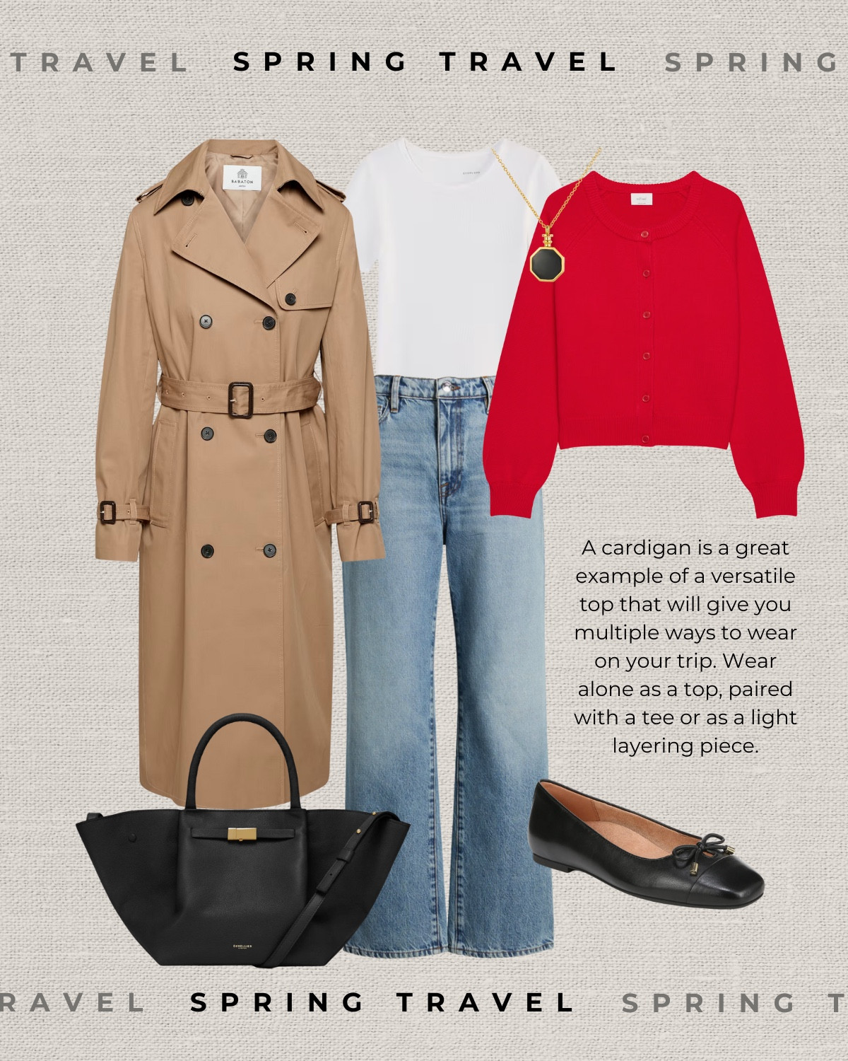 Spring travel outfit 

trenchcoat  /red cardigan / white tee / light blue wash ankle jeans / black ballet flats / black tote bag / necklace / spring style / travel style 

#LTKSeasonal #LTKStyleTip