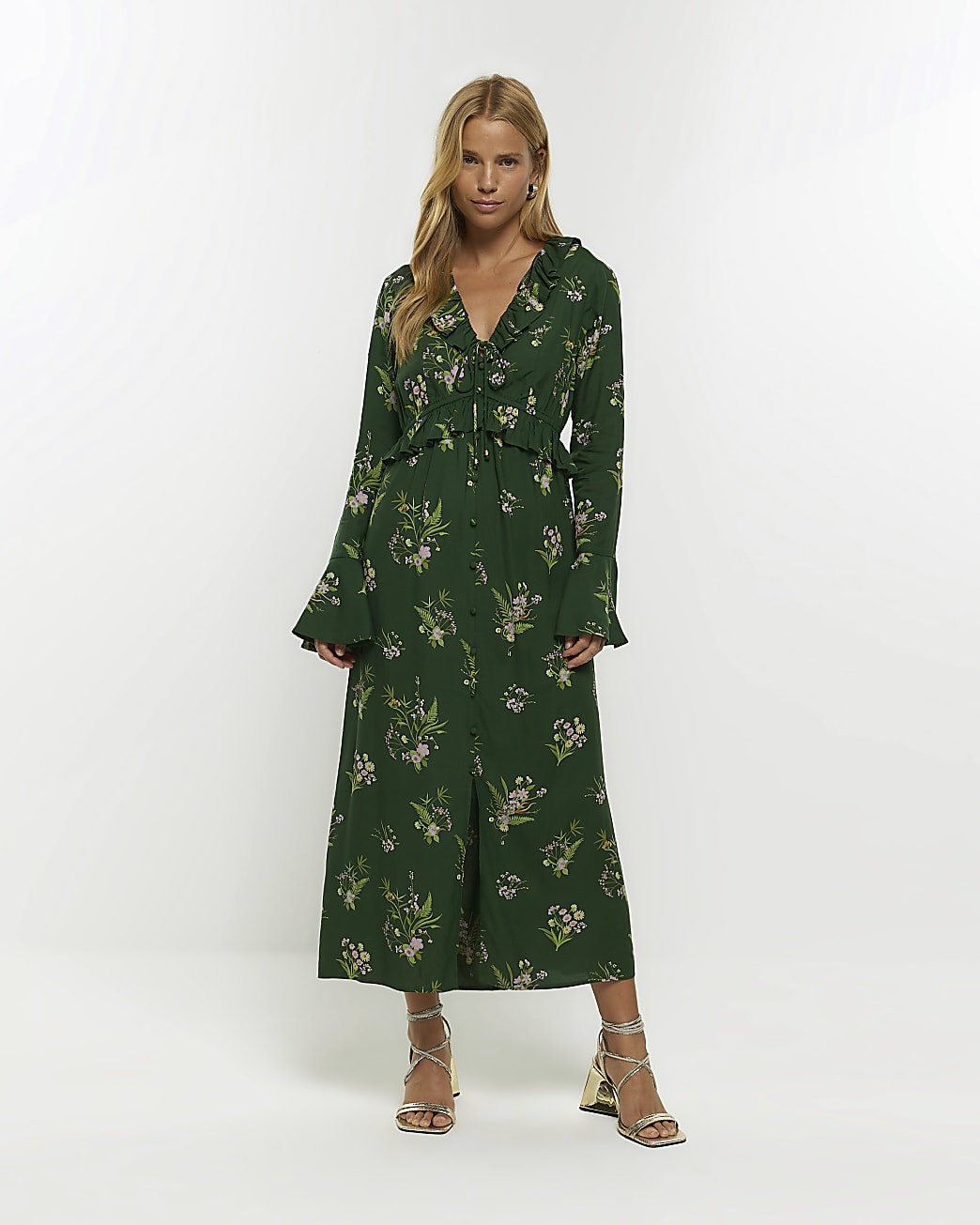 Green floral frill swing midi dress | River Island (UK & IE)
