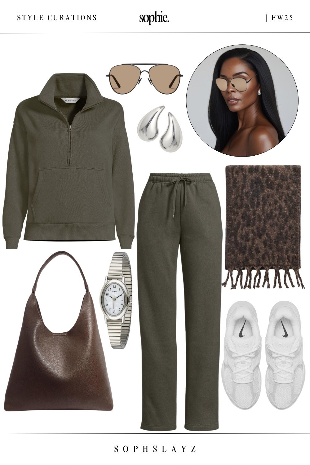 This look: An olive green tracksuit, matching set, crisp white sneakers, a chocolate brown shoulder bag, and a leopard print scarf. Easy for errands, long walks, or casual plans on cool fall days.
A laid-back fall fit in earthy tones with subtle contrast and texture. Also comes in tall!
🔎: olive green outfit, fall outfits, two piece set, casual fall outfit, faux leather bag, leopard print scarf, vintage style watch, FW25, tonal fall outfit, tall outfit, tall pants