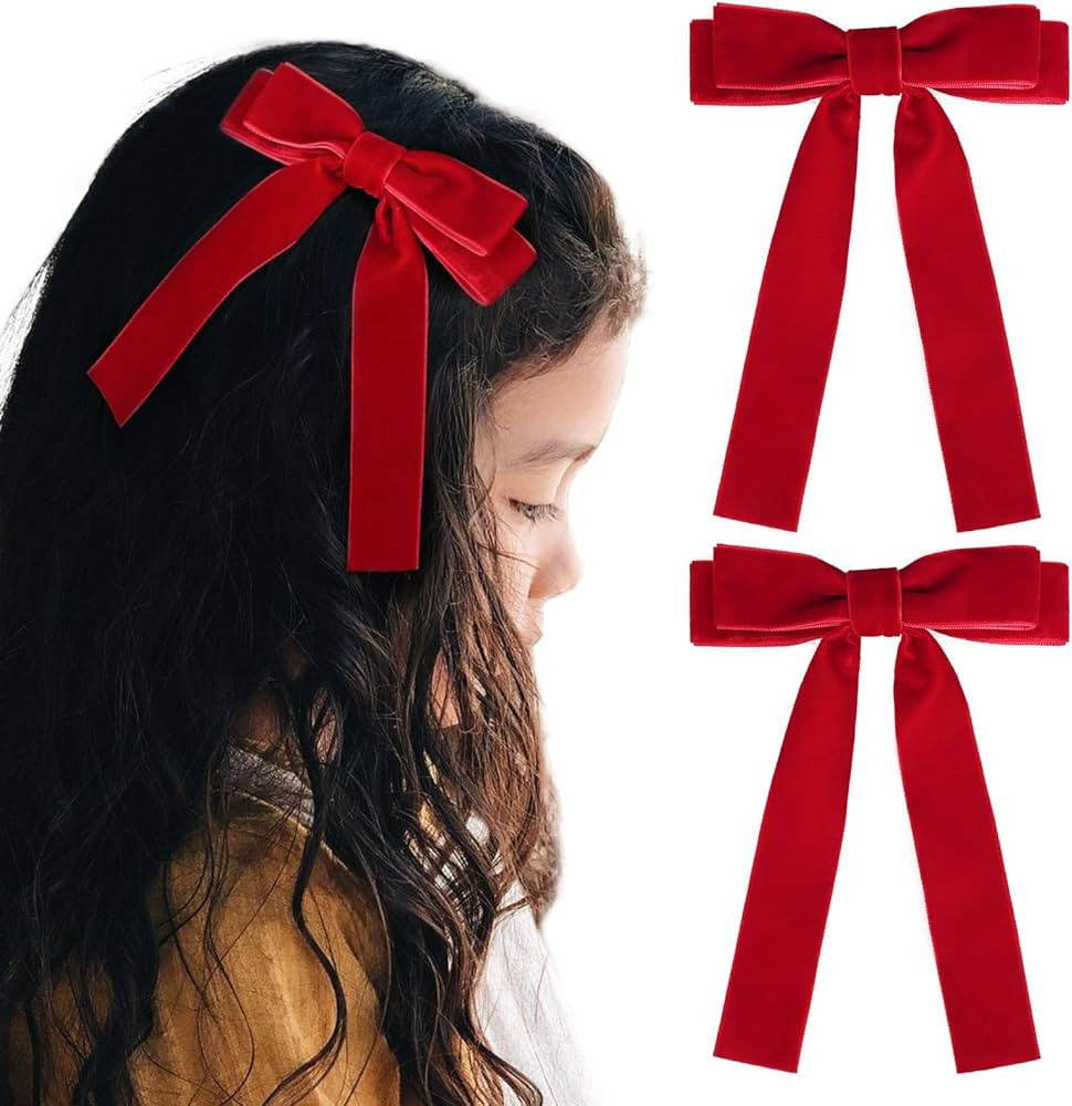 2PCS Red Velvet Bows Girls Hair Clip Ribbon Accessories for Baby Toddlers Teens Kids | Amazon (US)