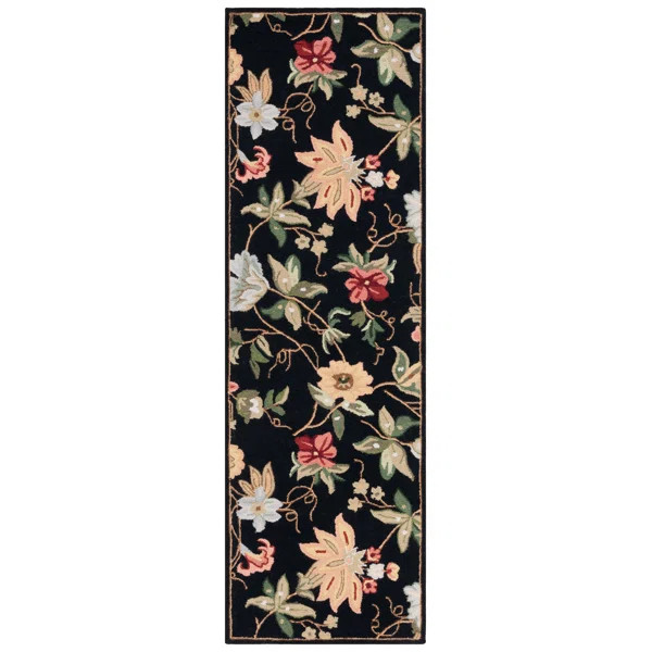 Hollander Floral Handmade Looped/Hooked Wool Black Area Rug | Wayfair North America