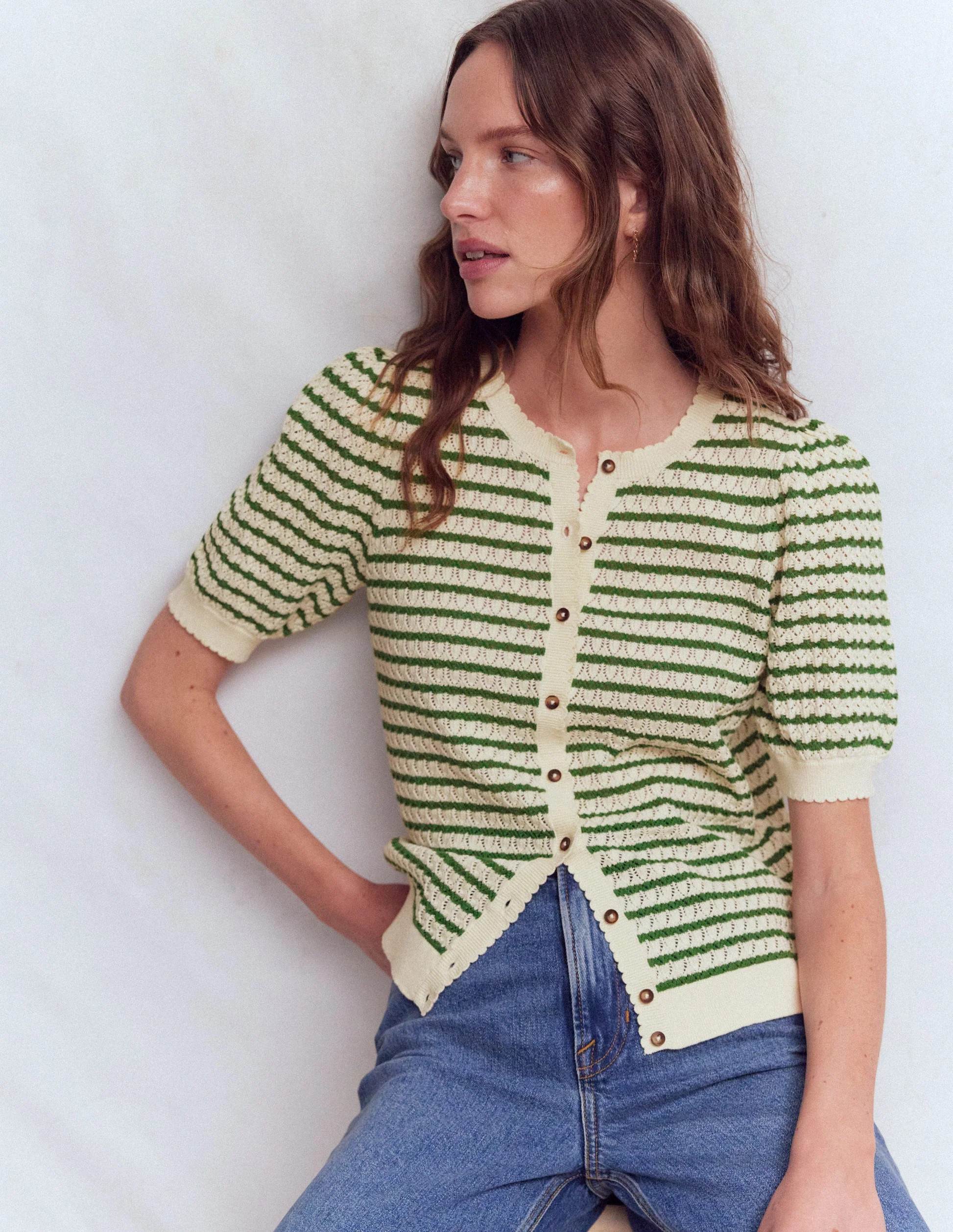 Dot Pointelle Cardigan-Green Stripe | Boden (US)