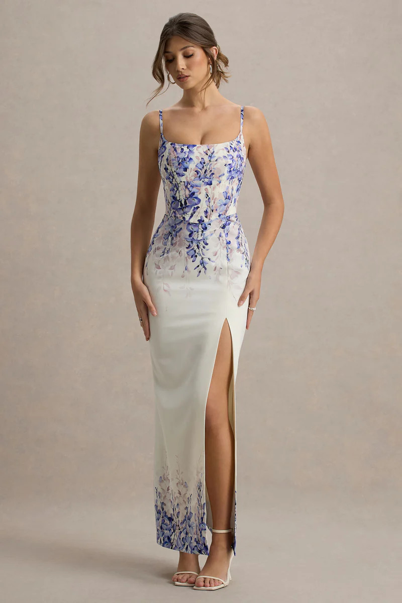 Lupita | Wisteria Print Linen Split Maxi Dress | Club L London