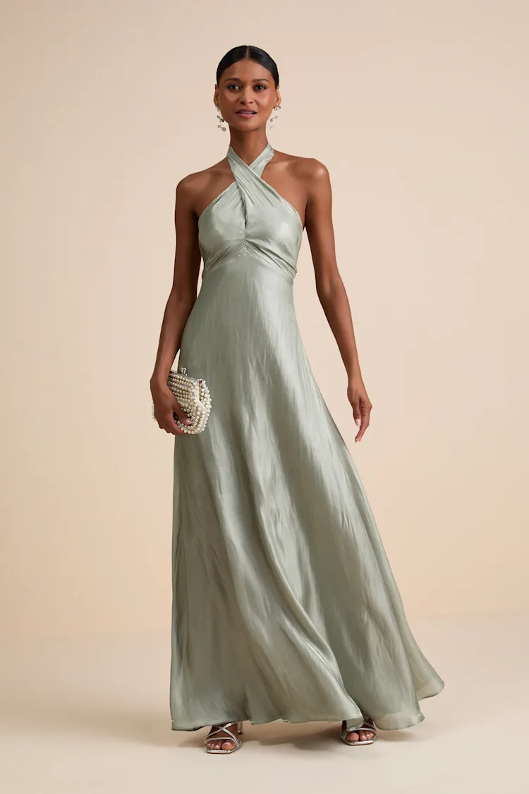 Canley Sage Satin Cross-Front Halter Maxi Dress | Lulus