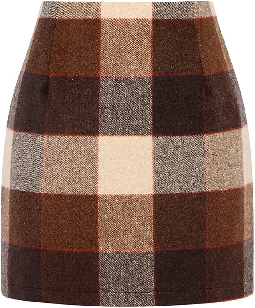 Kinghua Womens Wool Plaid Mini Skirt Fall Winter High Waisted Bodycon Pencil Skirt | Amazon (US)