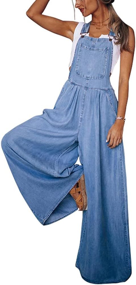 utcoco Women's Casual Loose Denim Overalls Adjustable Strap Wide Leg Bib Jean Overalls Jumpsuit w... | Amazon (US)