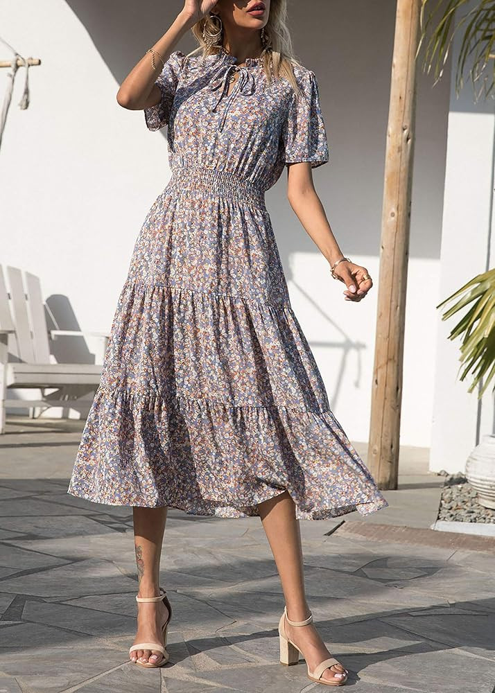 BTFBM Women Boho Floral Print Casual Dress Summer Sexy Tie V Neck Short Sleeve Vintage Elastic A-Lin | Amazon (US)