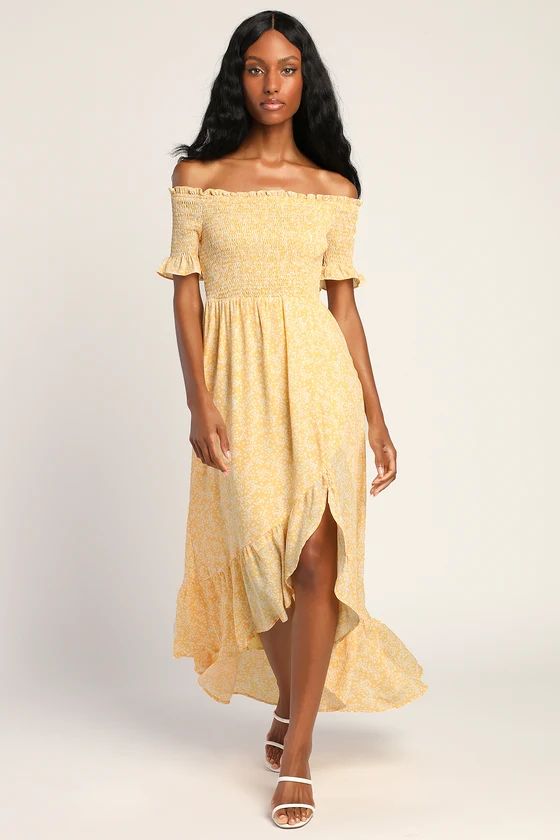 Fleur-tation Yellow Floral Print Off-the-Shoulder Midi Dress | Lulus (US)